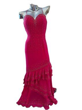 VTG Y2K Marys Sequin Formal Dress Gown Sz 4 Barbie Pink Tiered Wedding Fairy